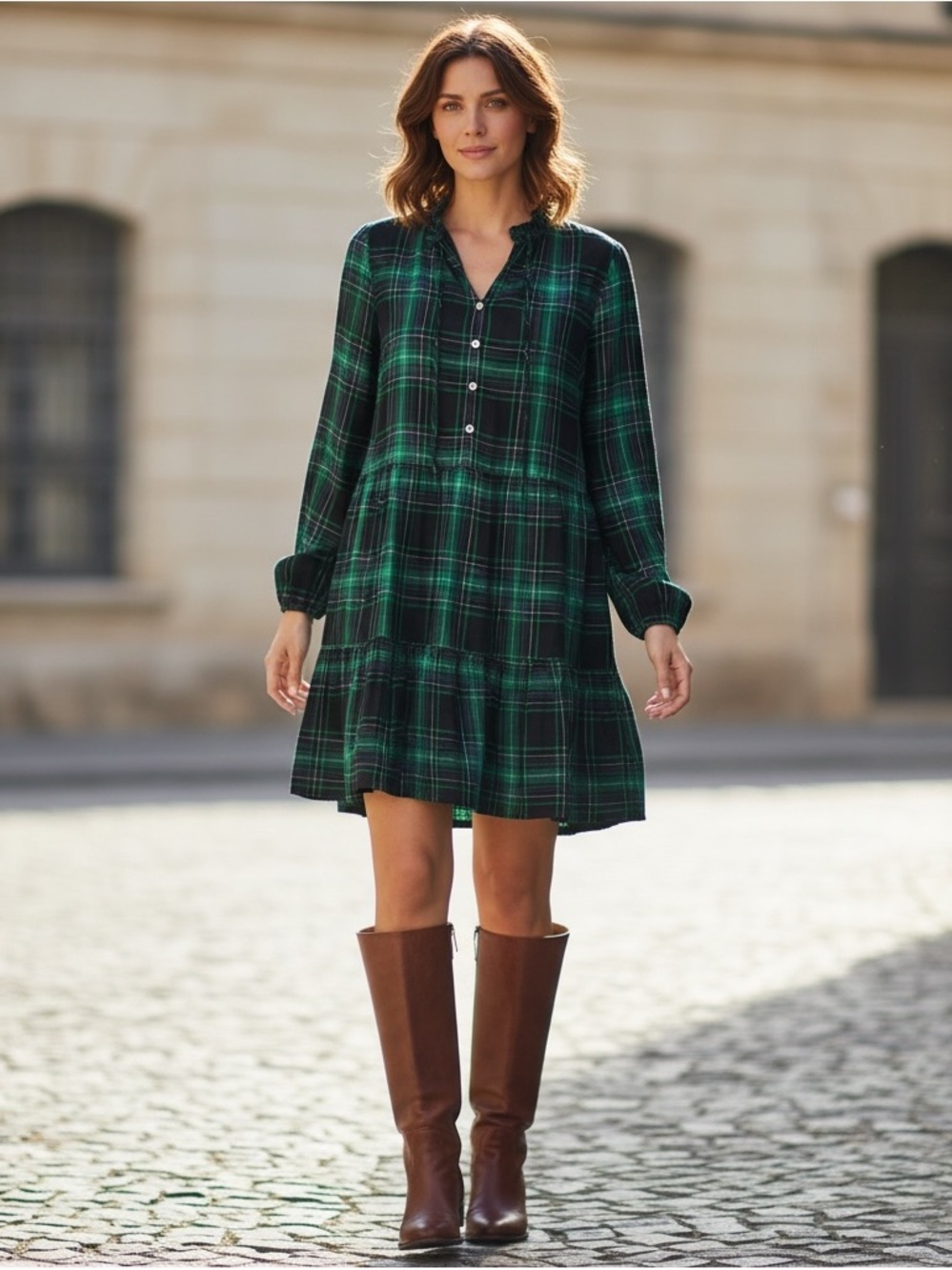 NWT LOFT Long Sleeve Tiered Plaid Fall Winter Dress Women’s SZ Large Green Black